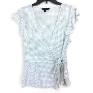 Banana Republic Faux Wrap Blouse Top White Black Polka Dot Cap Sleeve Size Med.
